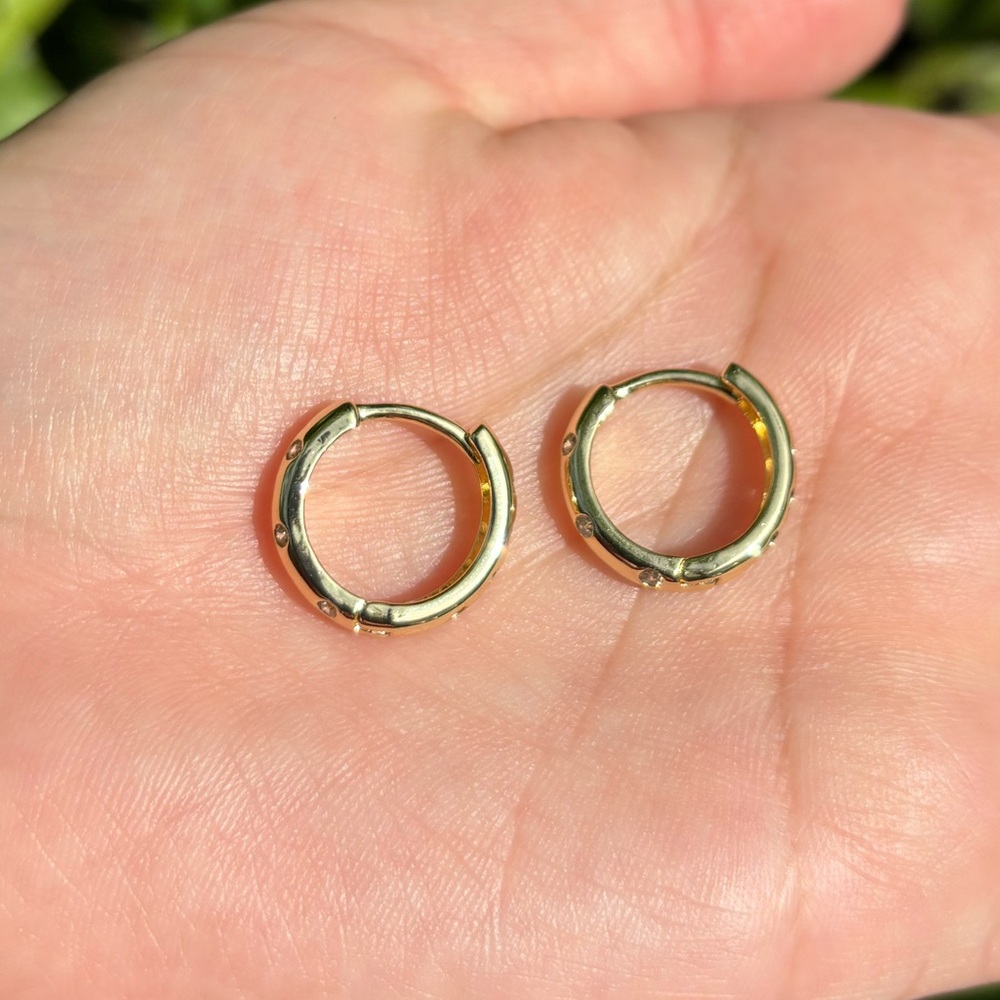 18K Gold Plated Stainless Steel Dainty Diamond Hoop Earrings - Picture 6 of 6